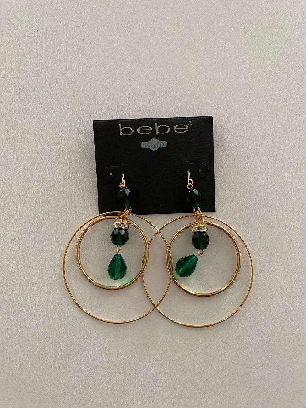 NWT Bebe Y2K Gold Hoop Green Beaded Earrings